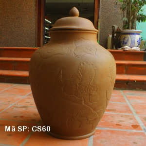 Chum sành 60 lít khắc nổi Hoa sen cá chép Chum sành 60 lít khắc nổi Hoa sen cá chép